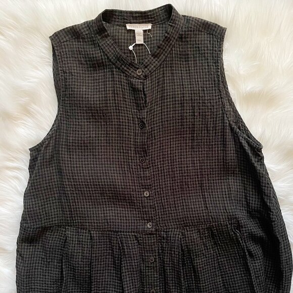 NEW Eileen Fisher Seaweed Linen Mandarin Collar Sleeveless Pleated Midi Dress - Picture 2 of 6